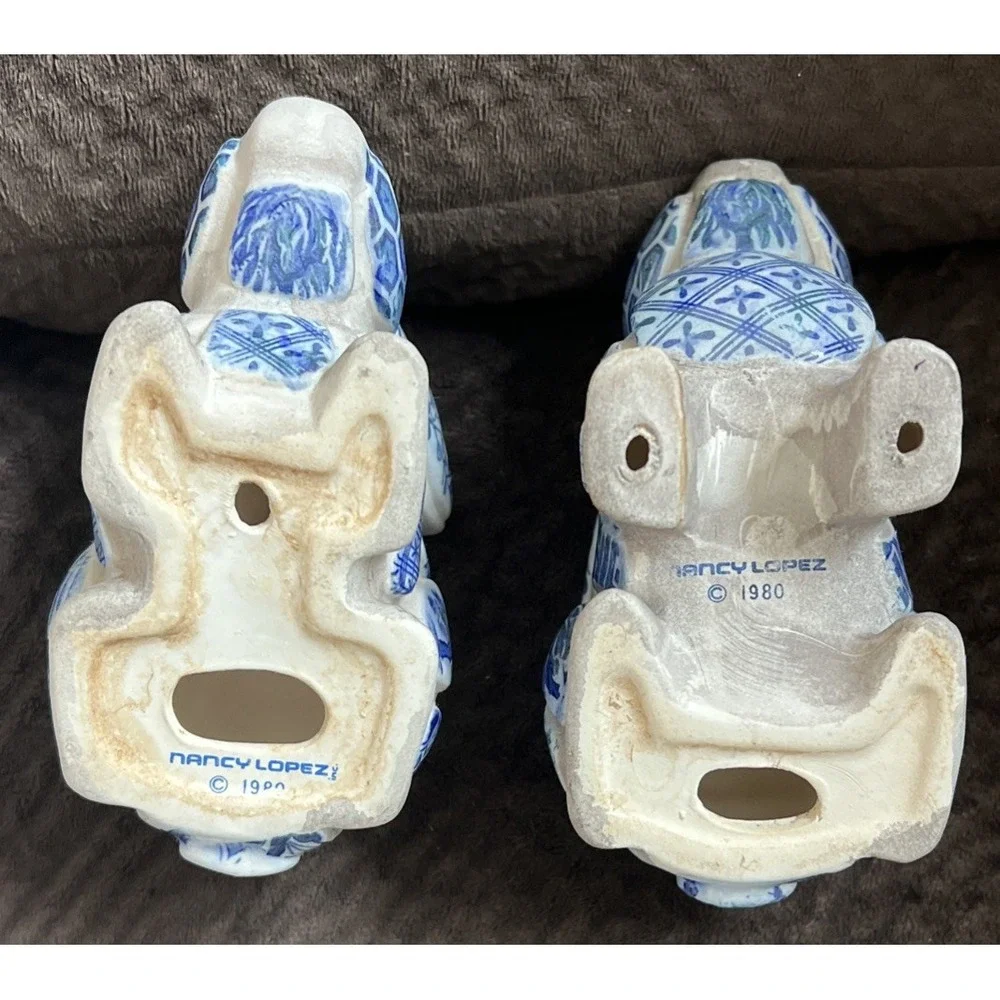 Nancy Lopez Vintage Blue Mosaic Rabbit/ Bunny Candleholder Set 1980 EUC